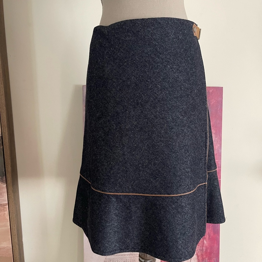 Burberry Blue Label Wrap Denim Skirt with Leather Trim